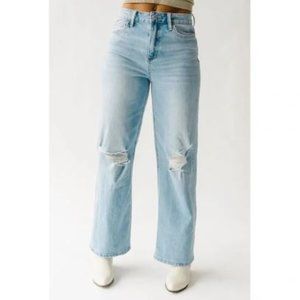Ceros Wide Leg Distressed Jeans in Light Blue